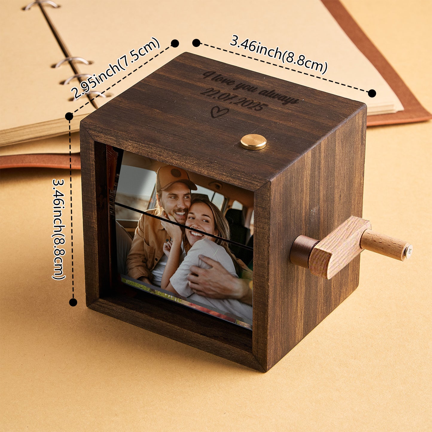 Custom Photo Flipbook Frame with Personalized Text & Custom MP3 Song Hand-Cranked Music Box w/Light Animation Photo Album Anniversary Gift