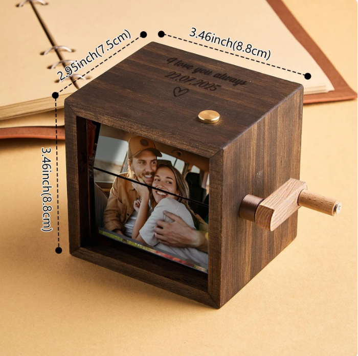 Custom Photo Flipbook Frame with Personalized Text & Custom MP3 Song Hand-Cranked Music Box w/Light Animation Photo Album Anniversary Gift