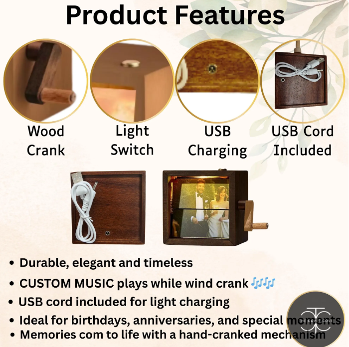 Custom Photo Flipbook Frame with Personalized Text & Custom MP3 Song Hand-Cranked Music Box w/Light Animation Photo Album Anniversary Gift