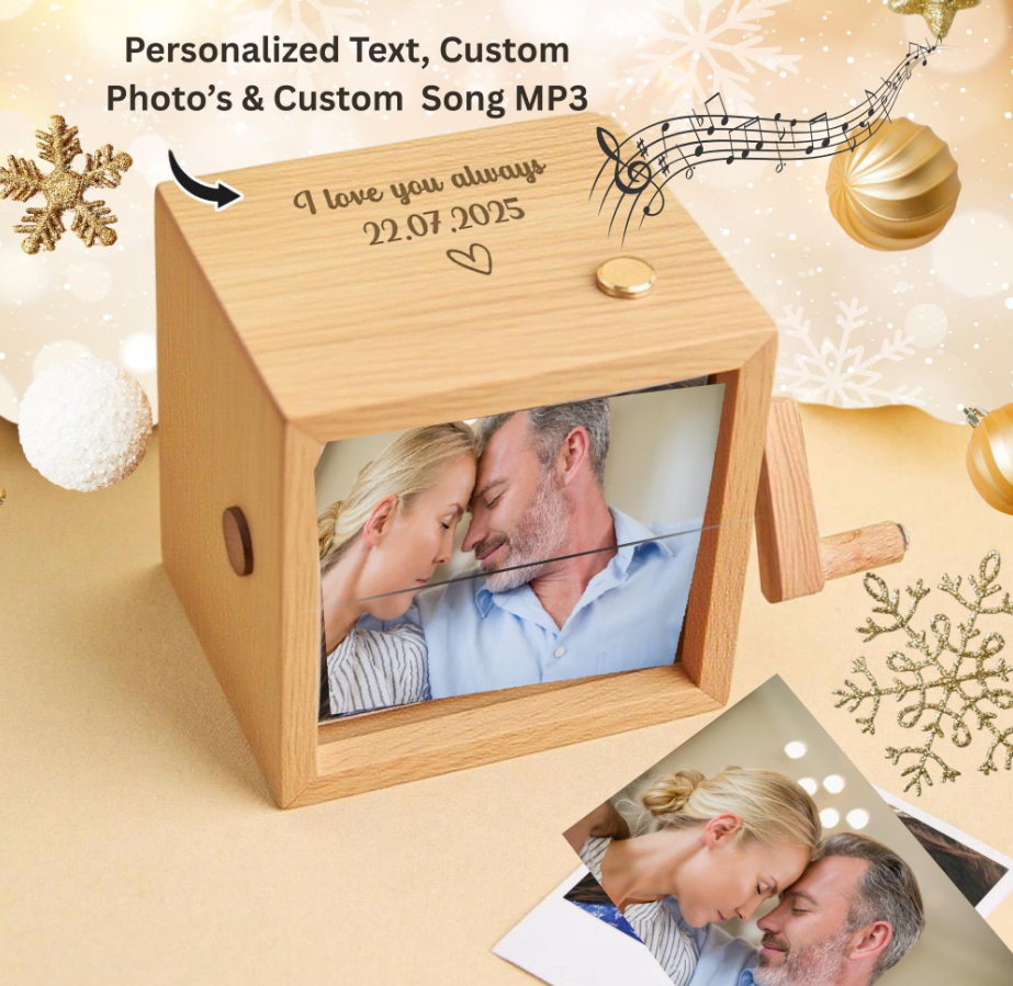 Custom Photo Flipbook Frame with Personalized Text & Custom MP3 Song Hand-Cranked Music Box w/Light Animation Photo Album Anniversary Gift
