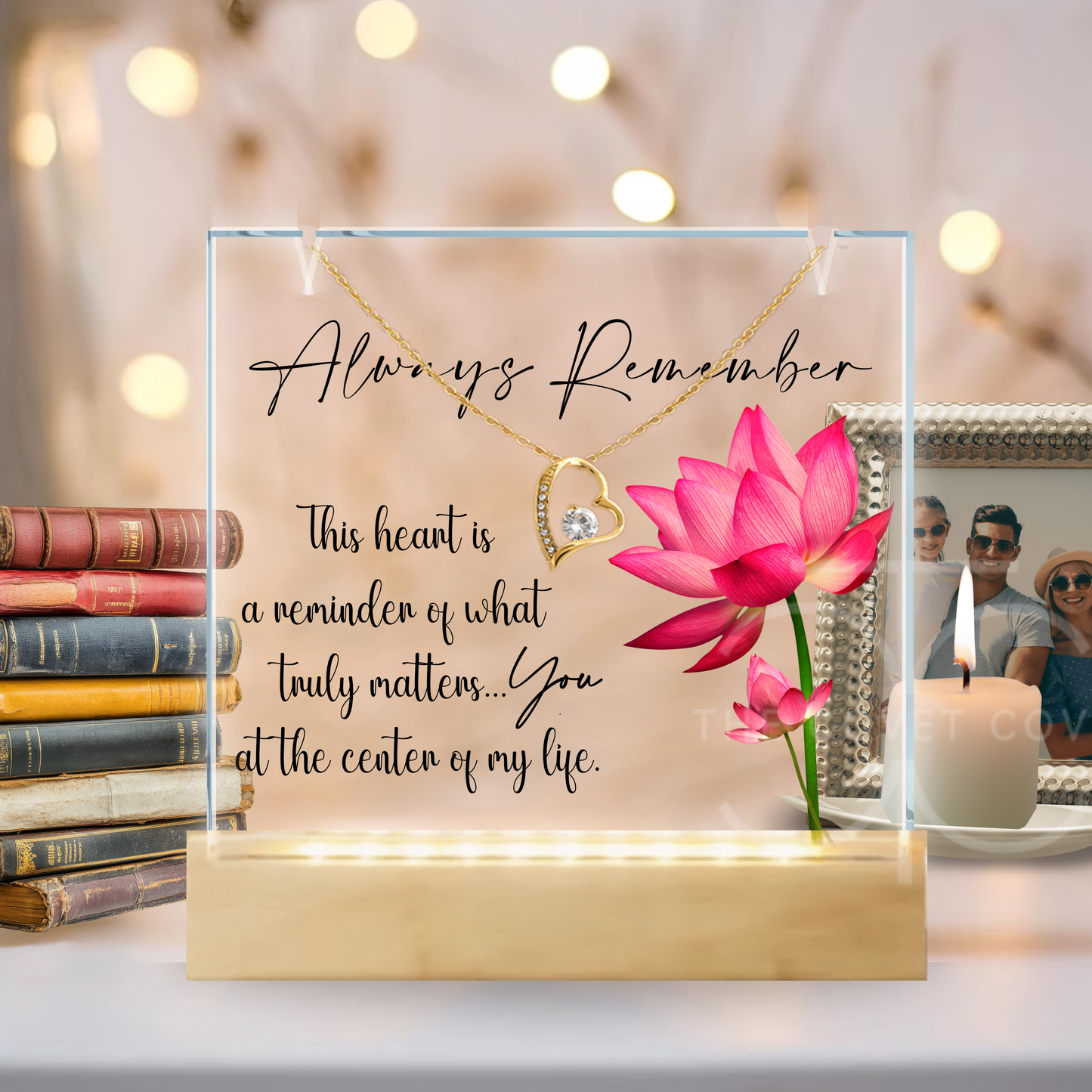 Dainty Gold Heart Necklace and LED Acrylic Jewelry Holder with Sentimental Message Gift for Loved One Jewelry Gifts for Her