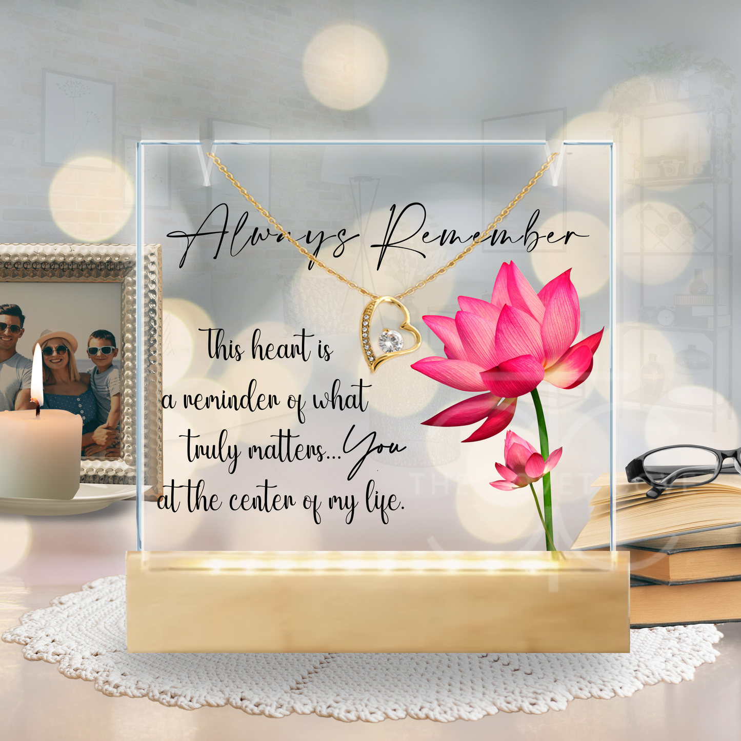 Dainty Gold Heart Necklace and LED Acrylic Jewelry Holder with Sentimental Message Gift for Loved One Jewelry Gifts for Her