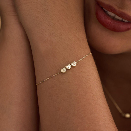 Custom Mom Gold Letter Bracelet With Tiny 3D Initial Heart Charms Minimalist multiple kid name bracelet