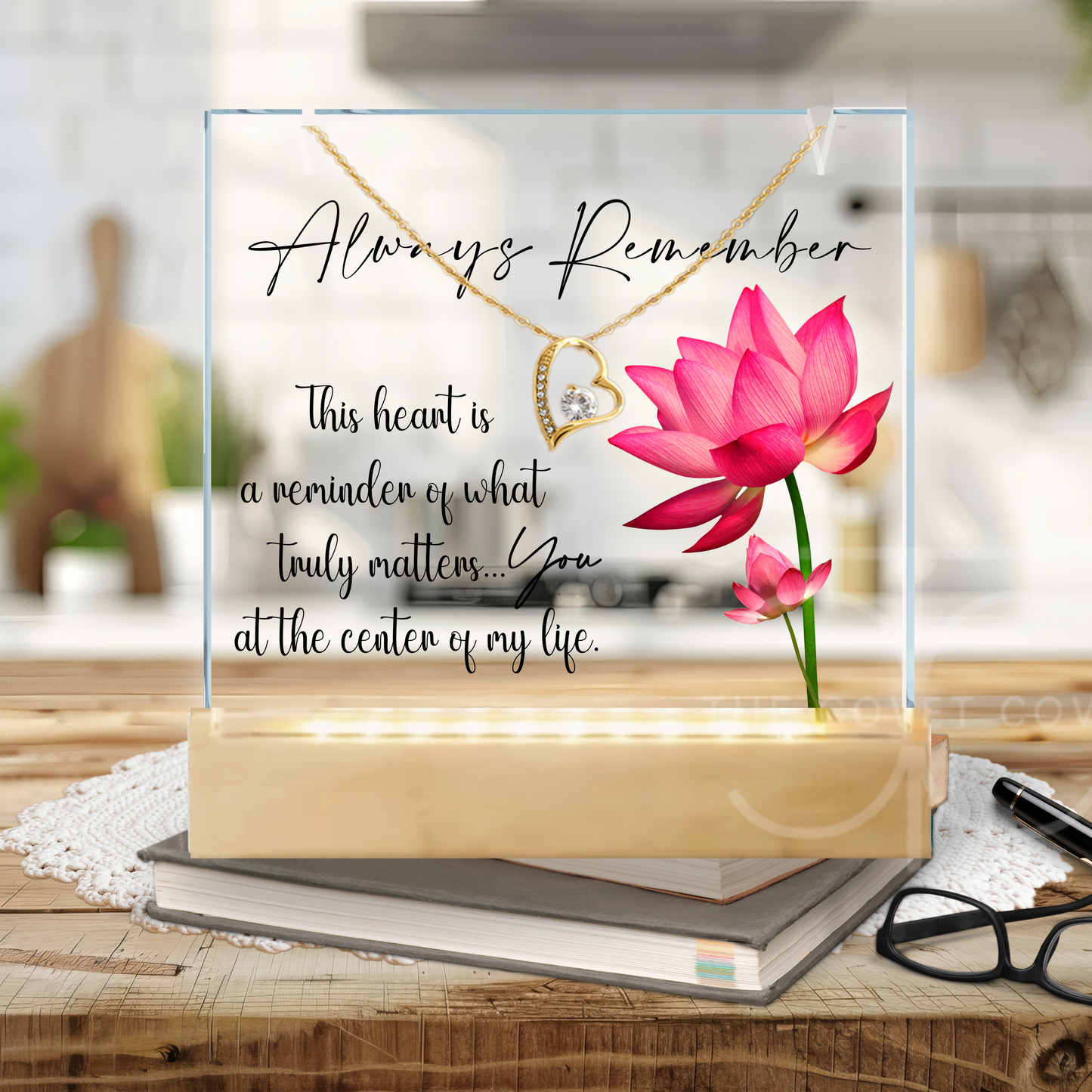 Dainty Gold Heart Necklace and LED Acrylic Jewelry Holder with Sentimental Message Gift for Loved One Jewelry Gifts for Her