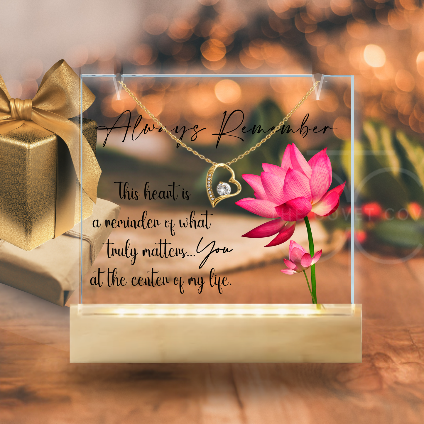 Dainty Gold Heart Necklace and LED Acrylic Jewelry Holder with Sentimental Message Gift for Loved One Jewelry Gifts for Her