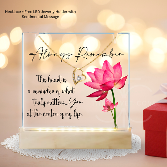 Dainty Gold Heart Necklace and LED Acrylic Jewelry Holder with Sentimental Message Gift for Loved One Jewelry Gifts for Her