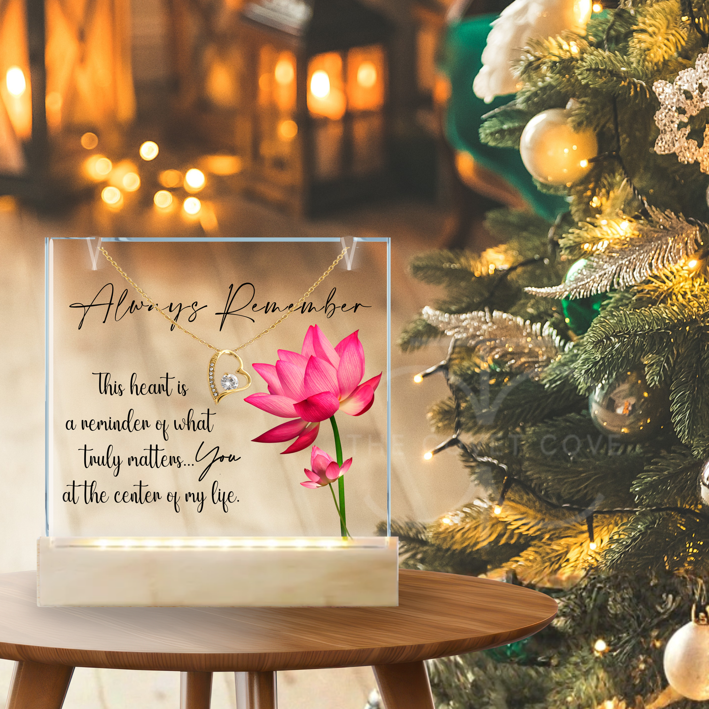 Dainty Gold Heart Necklace and LED Acrylic Jewelry Holder with Sentimental Message Gift for Loved One Jewelry Gifts for Her