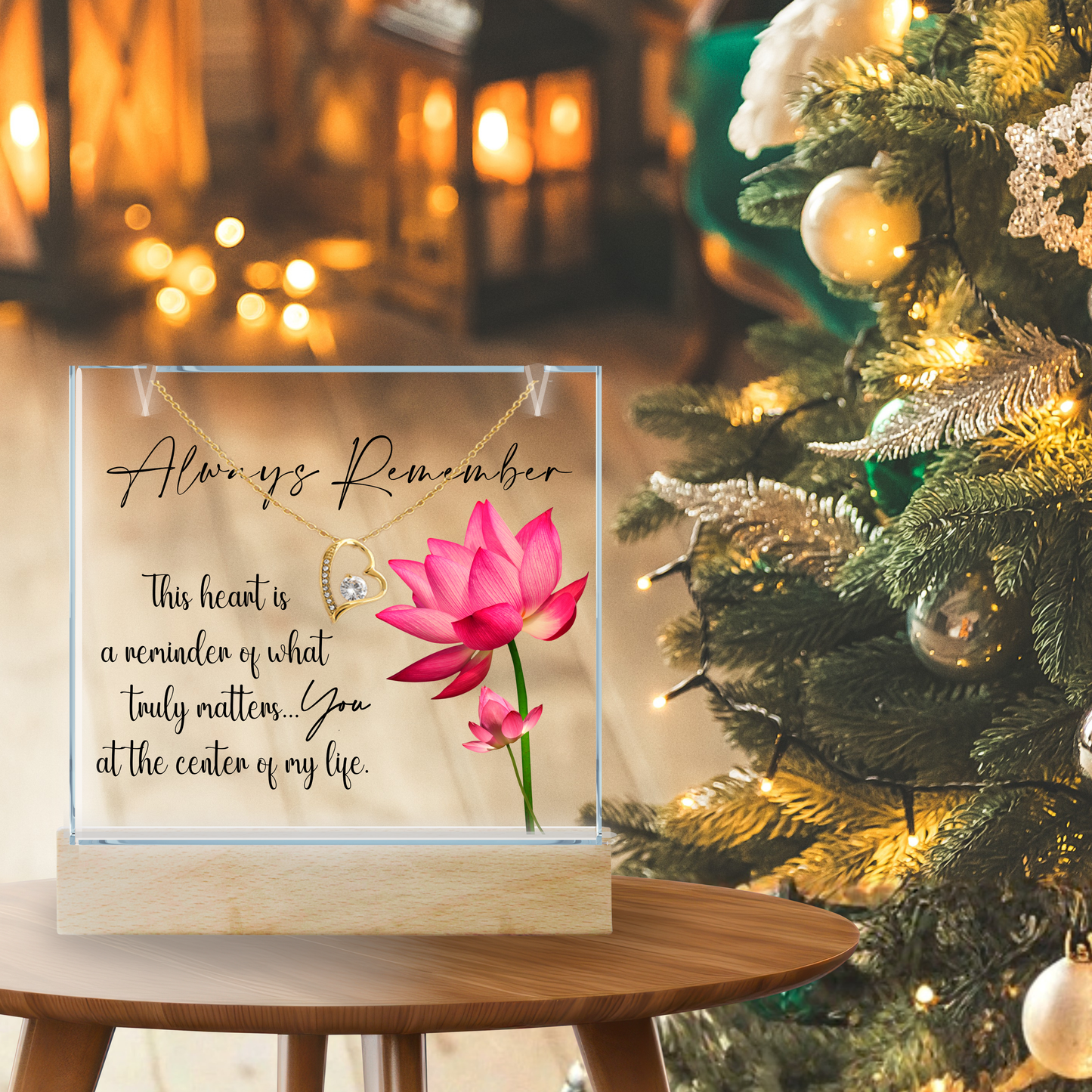 Dainty Gold Heart Necklace and LED Acrylic Jewelry Holder with Sentimental Message Gift for Loved One Jewelry Gifts for Her