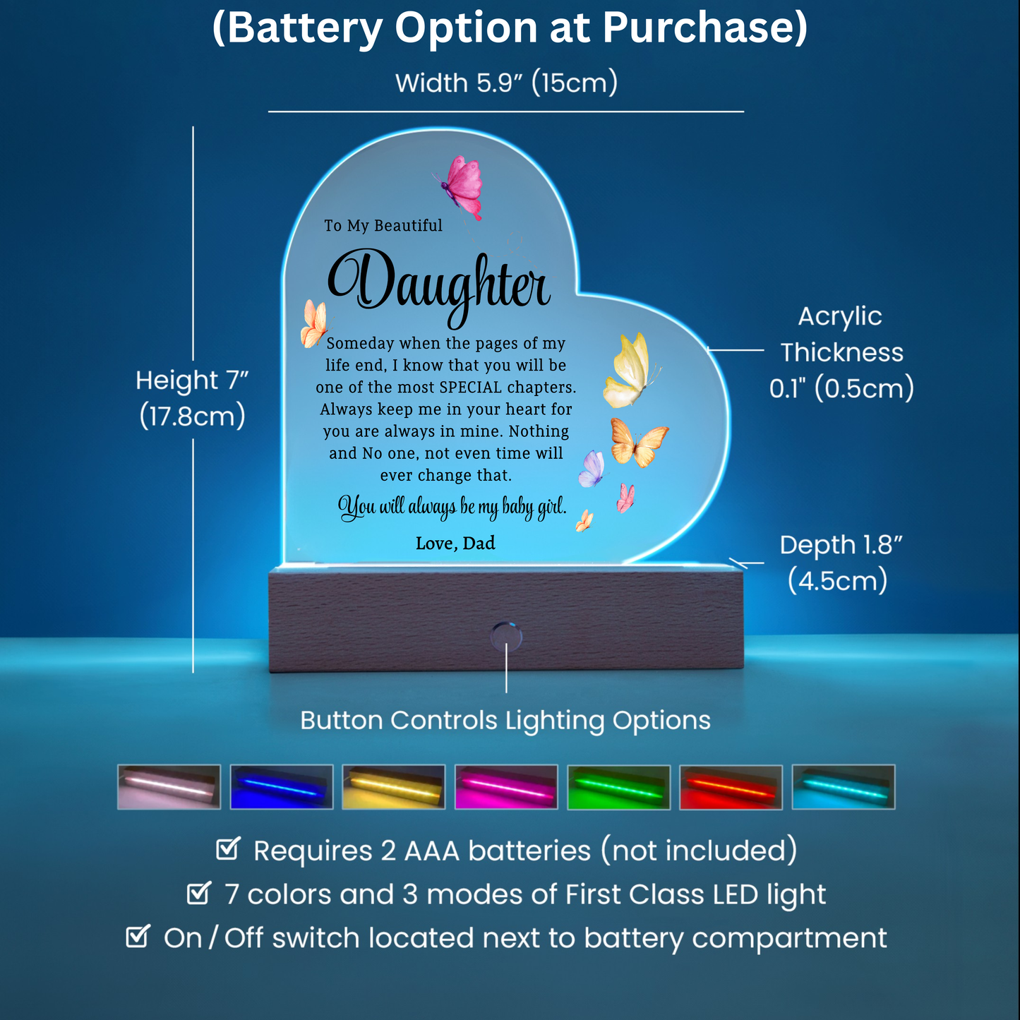 Gift For Daughter Color Changing  Acrylic Heart Keepsake My Beautiful Daughter from Dad, Daughter Birthday gift for her Personalized Christmas gift