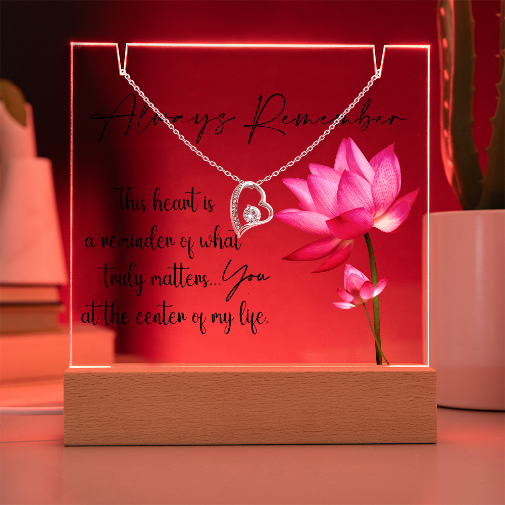 Dainty Gold Heart Necklace and LED Acrylic Jewelry Holder with Sentimental Message Gift for Loved One Jewelry Gifts for Her