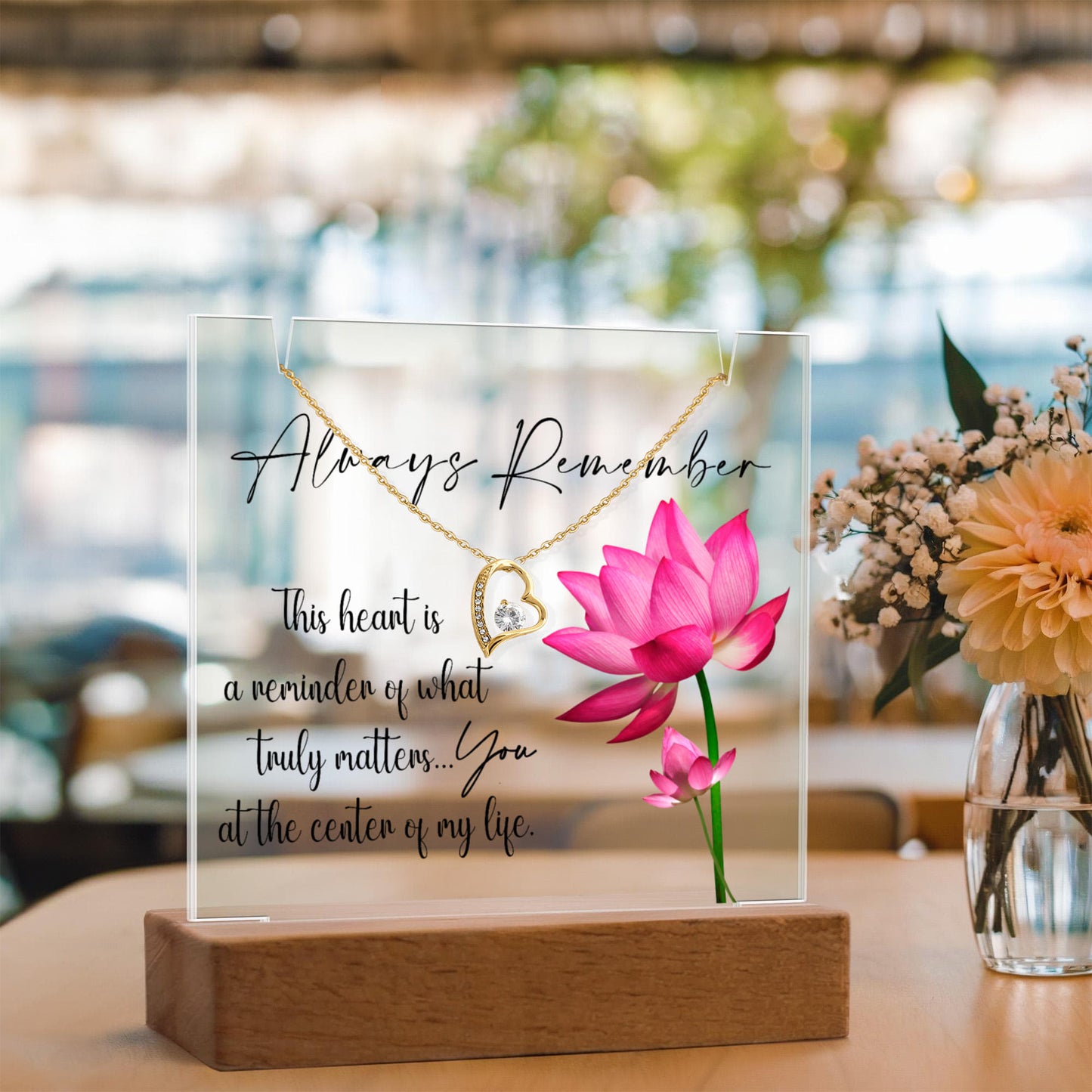 Dainty Gold Heart Necklace and LED Acrylic Jewelry Holder with Sentimental Message Gift for Loved One Jewelry Gifts for Her