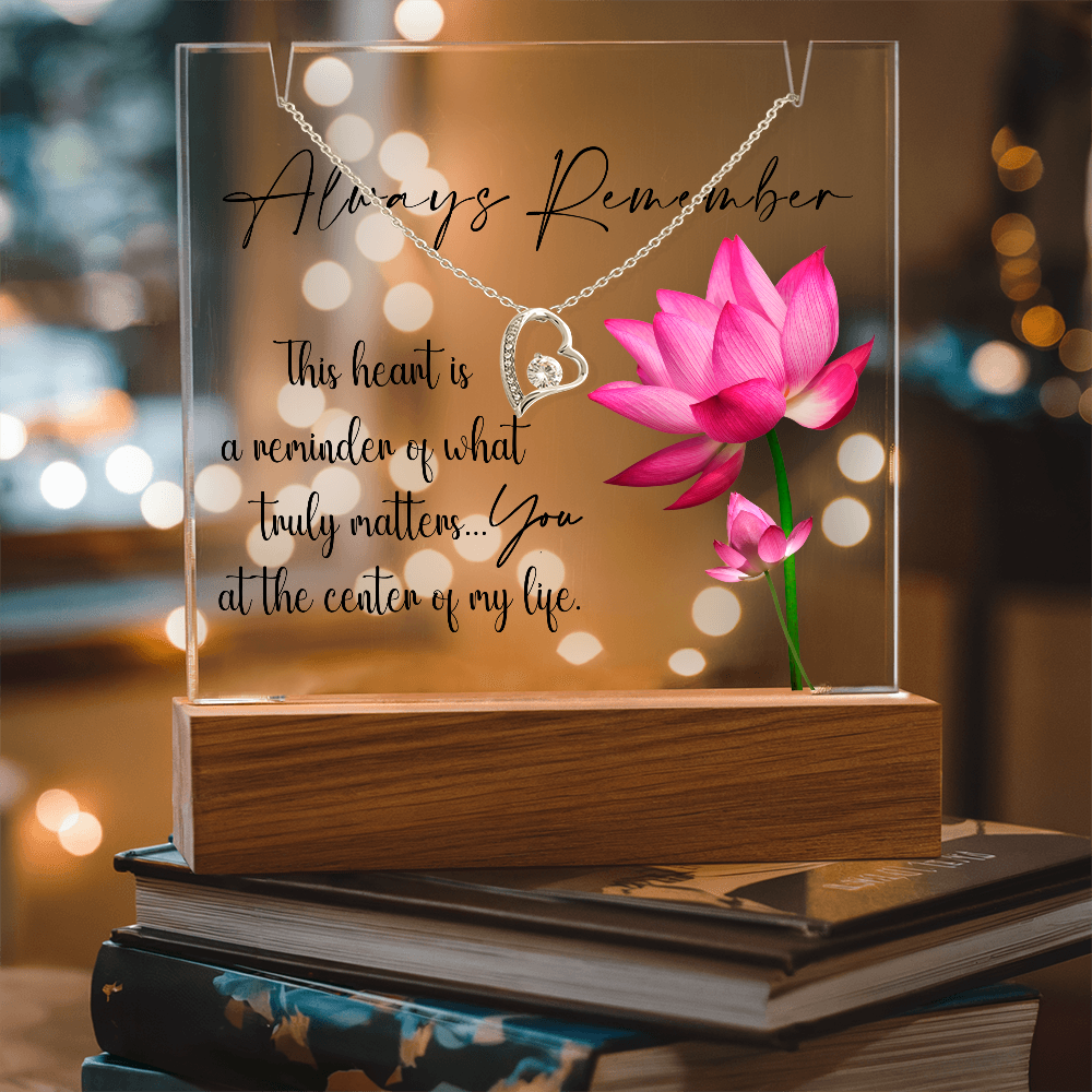 Dainty Gold Heart Necklace and LED Acrylic Jewelry Holder with Sentimental Message Gift for Loved One Jewelry Gifts for Her