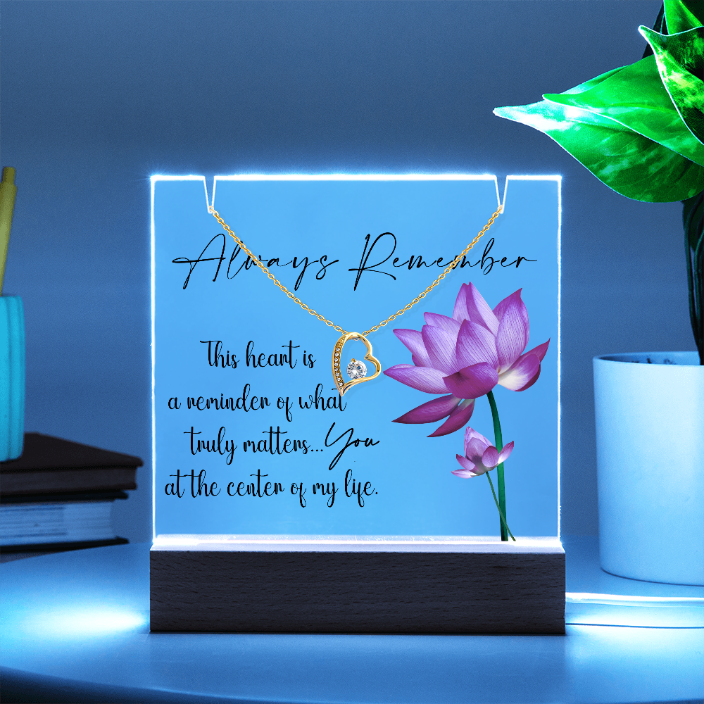 Dainty Gold Heart Necklace and LED Acrylic Jewelry Holder with Sentimental Message Gift for Loved One Jewelry Gifts for Her